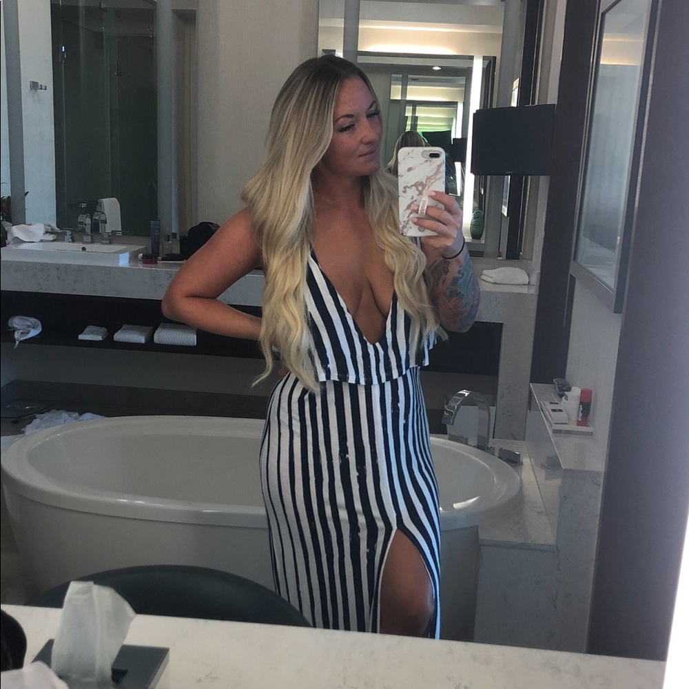 Deep V navy and white maxi dress